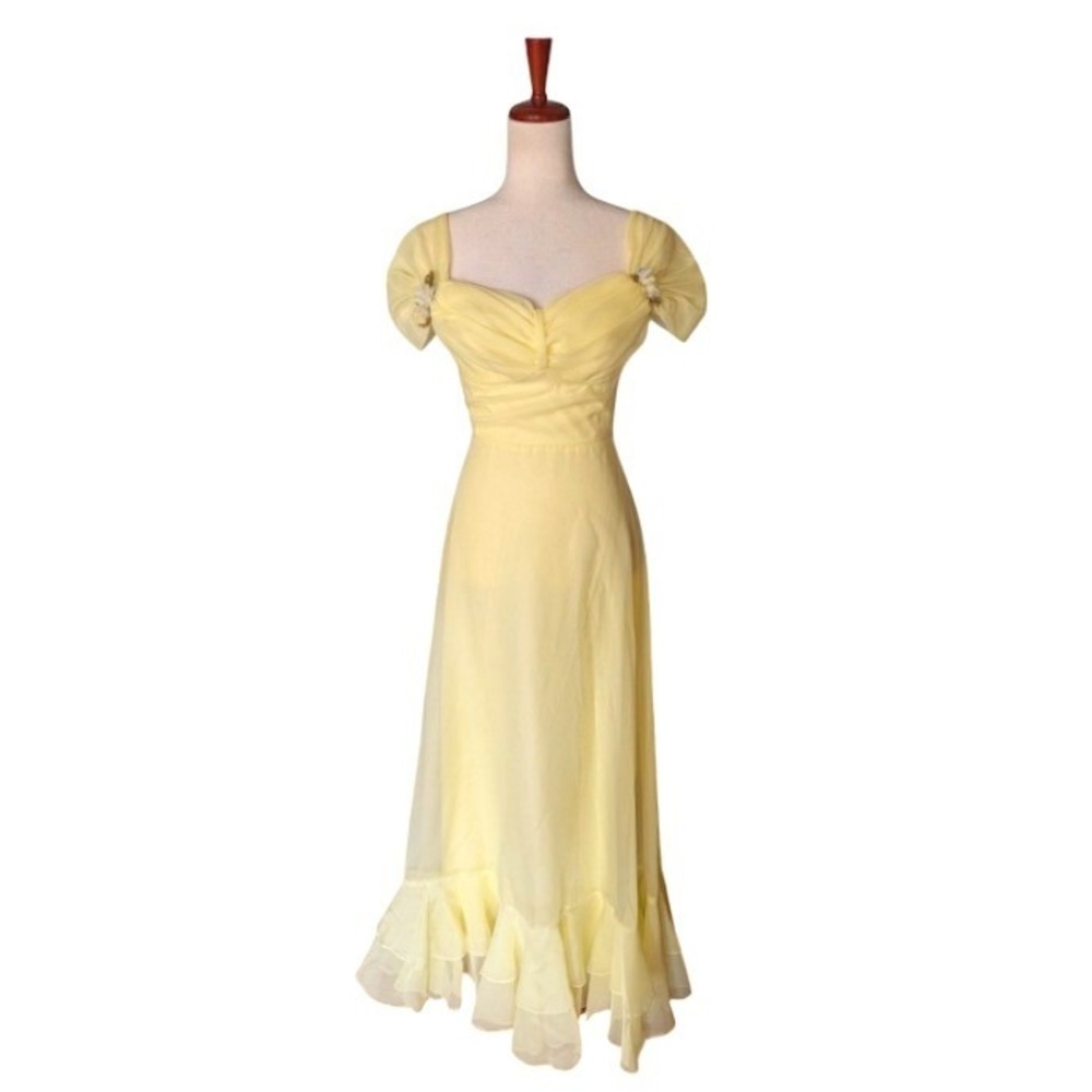 Vintage 70sButter Yellow Chiffon Sweetheart Ruffle Hem  Prom Dress Size 7/8